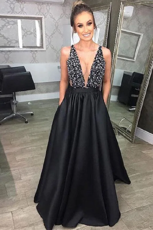 Bigger Savings, Better Shopping!Fashion Deep V Neck Black Satin Long Prom Dresses with Pockets PG867 Bigger Savings, Better Shopping!Fashion Deep V Neck Black Satin Long Prom Dresses with Pockets PG867