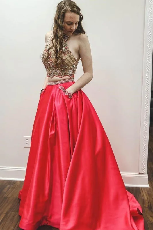 More Discounts, More Joy!Sparkly Two Piece Beaded Satin Red High Neck Long Prom Dress PG866 More Discounts, More Joy!Sparkly Two Piece Beaded Satin Red High Neck Long Prom Dress PG866