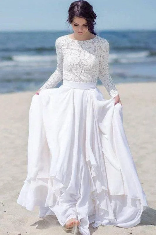 Act Fast – Limited Time Savings!Chiffon Skirt Boho Wedding Dresses Lace Long Sleeves