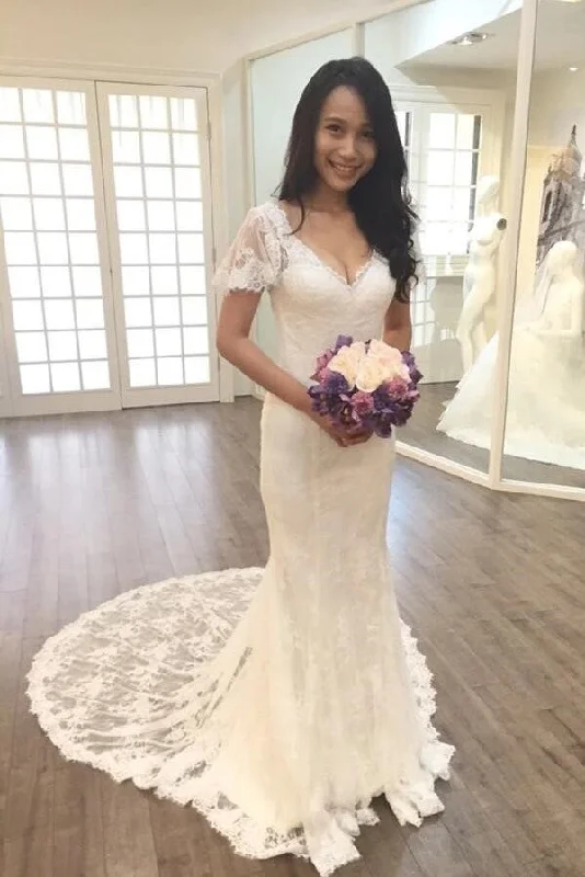 Massive Price Cuts!Full Lace Mermaid Bridal Dress Short Sleeves