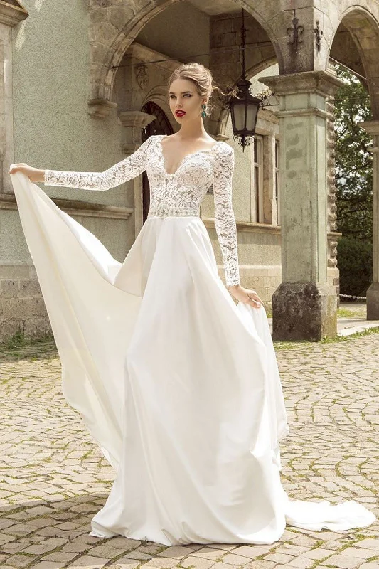 Shop Now and Save!Long-sleeved Beach Bridal Dresses Lace V-neckline Bodice