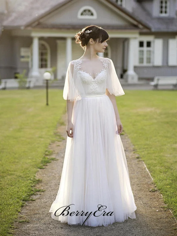 Save Up to 50% Off!Mid Sleeves Open Back Tulle A-line Wedding Dresses, Lace Beach Wedding Dresses