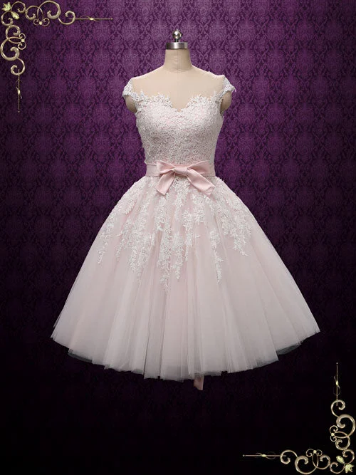 Steals and Deals Await!Petal Pink Retro Tea Length Wedding Dress ROSALIE