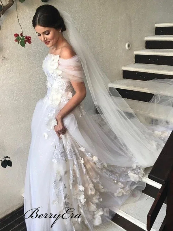 Flash Deals – Act Quickly!Romantic 3D Flowers Elegant Wedding Dresses, Off The Shoulder A-line Tulle Wedding Dresses
