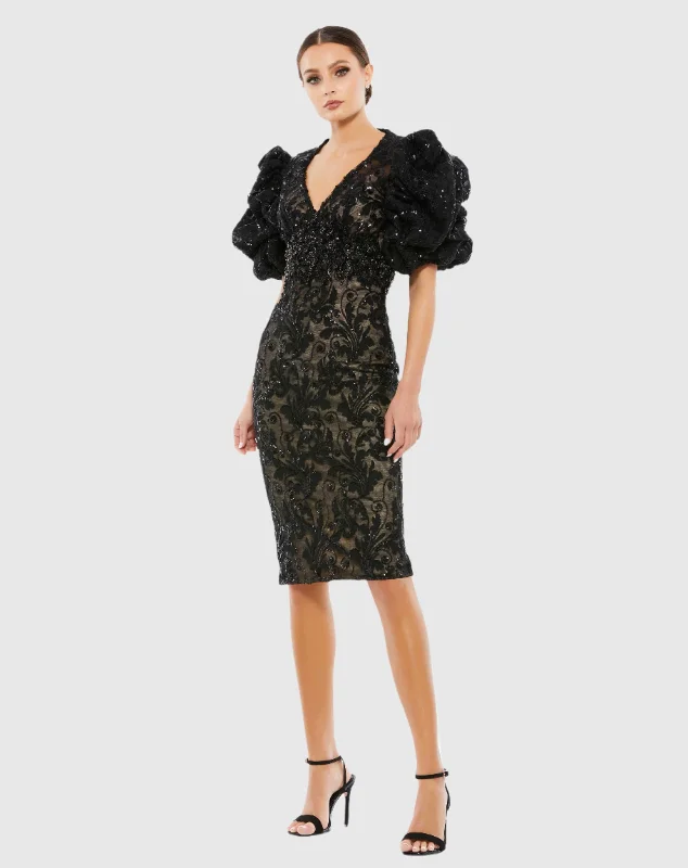 Hurry! While Supplies Last!Embellished Puff Sleeve Plunge Neck Dress