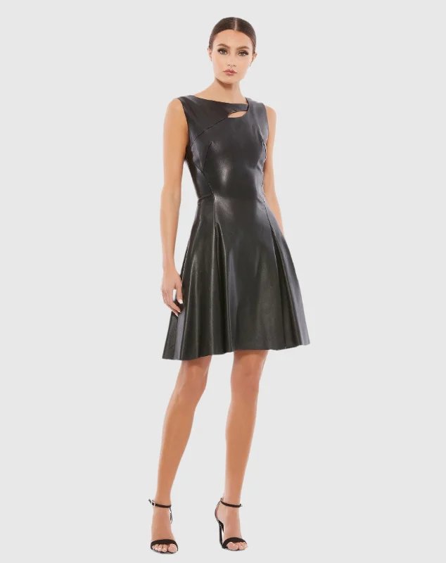Your Exclusive Offer Awaits!Asymmetrical Vegan Leather Sleeveless Fit & Flare Dress - FINAL SALE