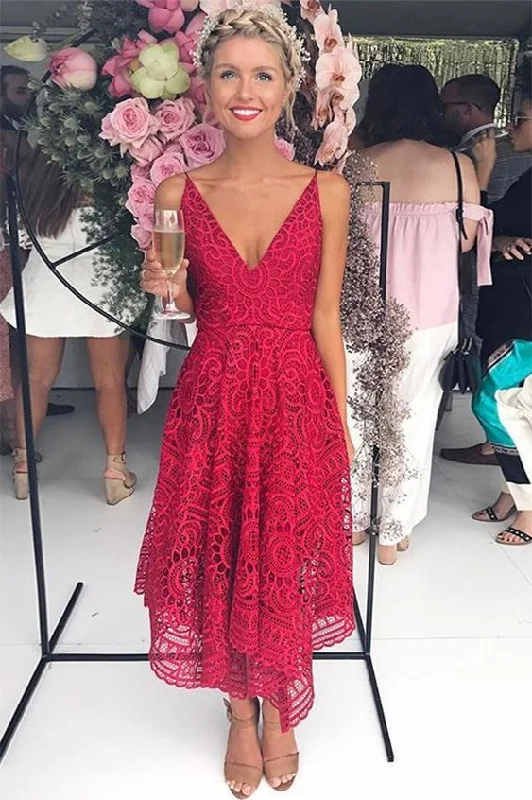 Your Dream Deal is Here!Simple A Line Red Deep V Neck Spaghetti Straps Asymmetrical Lace homecoming Dresses cg1900