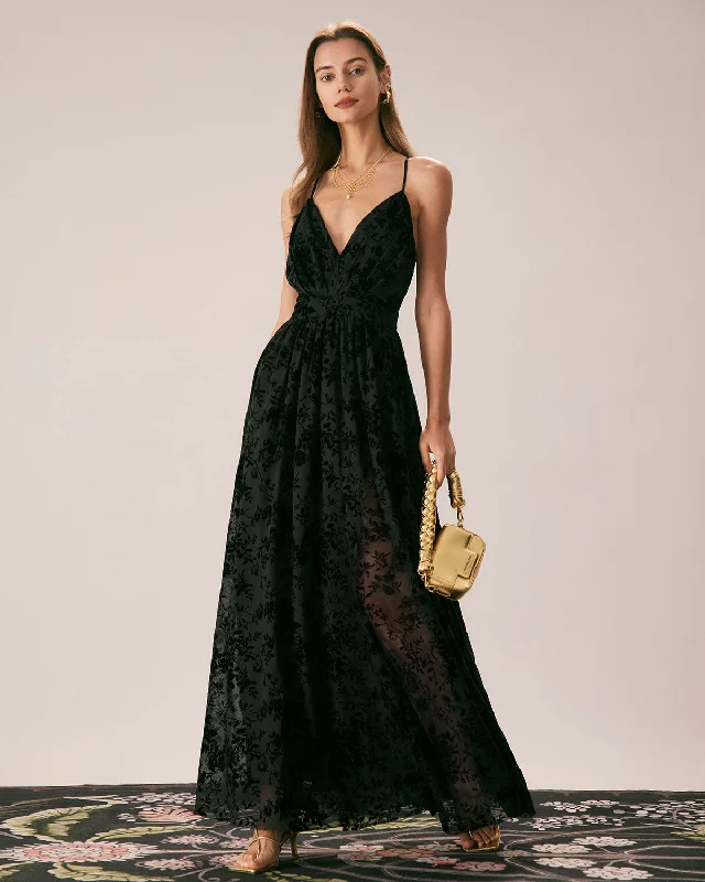 Your Discount is Waiting!The Black Floral Flocked Mesh Slit Maxi Dress