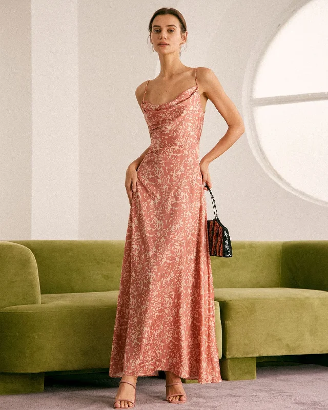 Time to Save Big!The Light Orange Cowl Neck Floral Maxi Dress