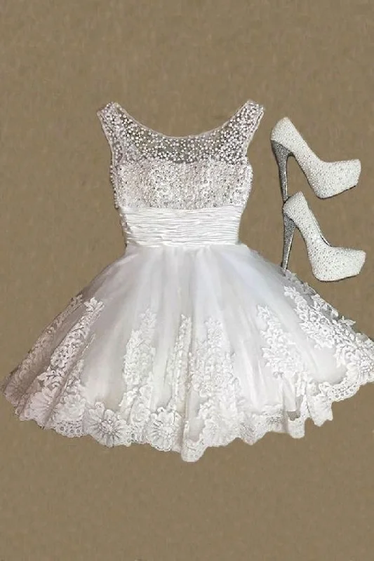 Limited Edition, Limited Price!White Round Neck Lace Short Dress, Cute Homecoming Dress cg1675