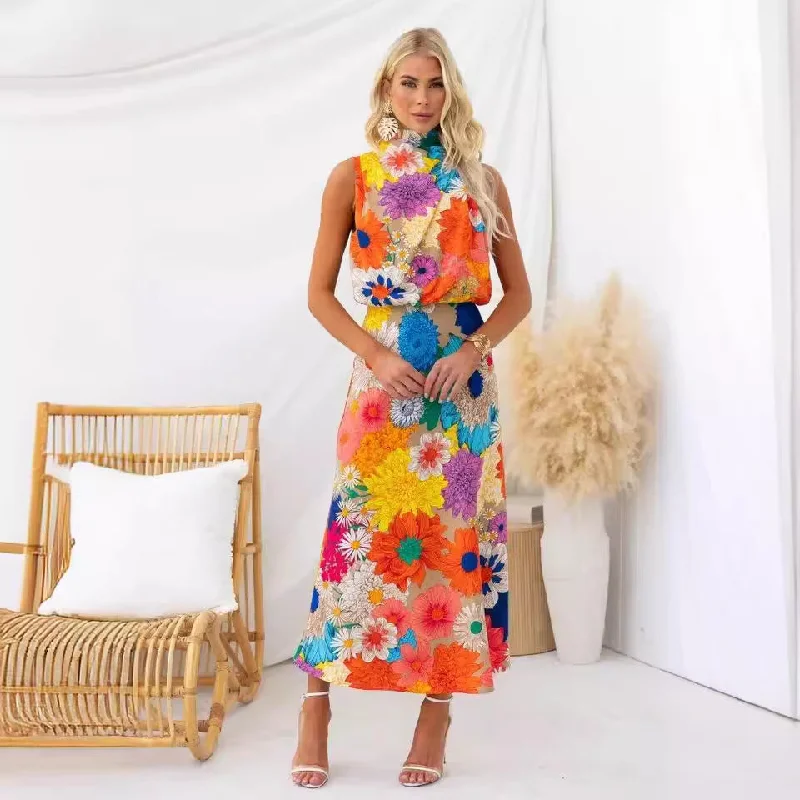 Huge Price Cuts Await!Lucky Floral Sleeveless Halter Waist-Tight Long Dress