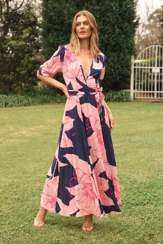 Everything Must Go!PRE ORDER Ronda Maxi Wrap Dress In Navy With Blush Flower Print