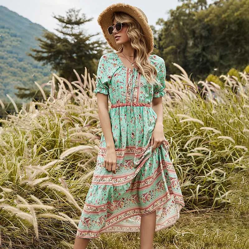 Savings You Can’t Ignore!KittenAlarm - Round Neck Stitching Lace Long Skirt Printed Dress