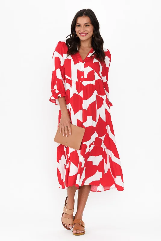 Get It Before It’s Gone!Leela Red Abstract Sleeved Dress
