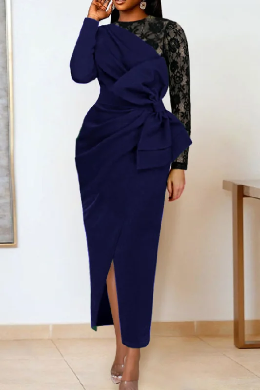 Mega Sale Happening Now!Lace Patchwork Undeniable Bowknot Irregular Split Midi Dress