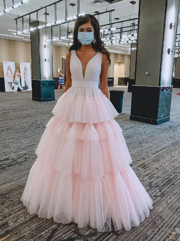 Amazing Prices You Can’t Resist!Pink v neck tulle long prom dress pink tulle formal dress     cg22712