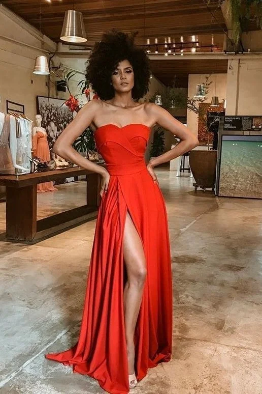 Seasonal Sale – Shop Now!Strapless Red Long Dress for Prom with High Thigh Slit