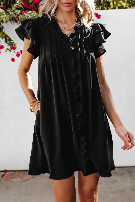 Find Your Perfect Deal Today!Black Ruffle Sleeve V Neck Frilled Shift Dress