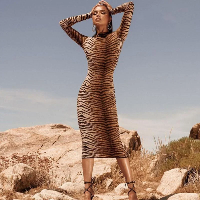 Your Favorite Items on Sale Now!Trendy Animal Print High Neck Long Sleeve Midi Dress - Tiger