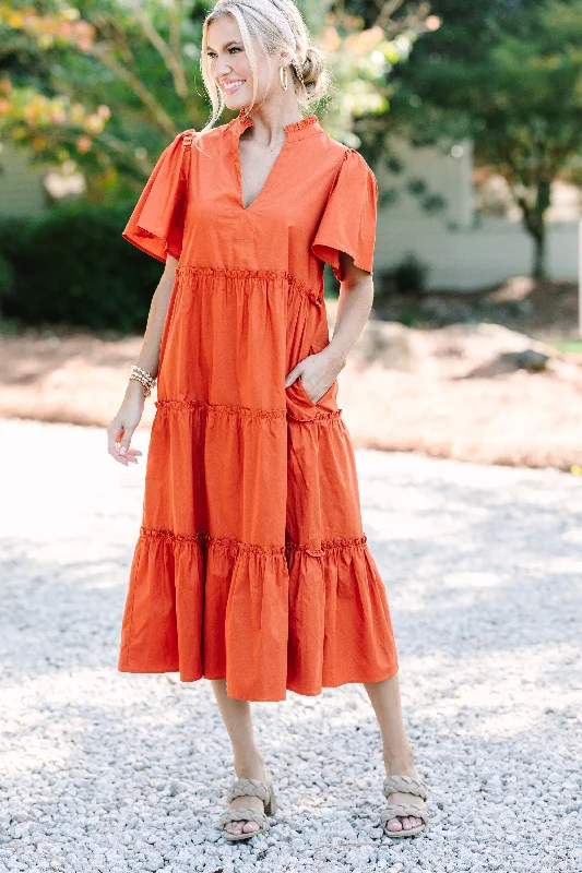 Limited-Time Price Drop!Sugarlips: Make A Statement Rust Orange Tiered Midi Dress